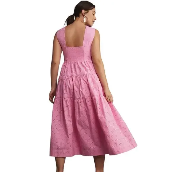 Anthropologie Square-Neck Eyelet Tiered Midi Dress Pink XLP NWT - Picture 3 of 9